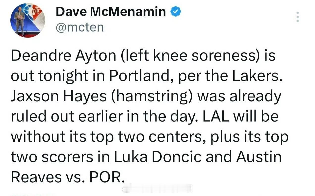 东契奇、里夫斯、艾顿、海斯均将缺席今日对阵开拓者的比赛。属于勒布朗-詹姆斯的夜晚