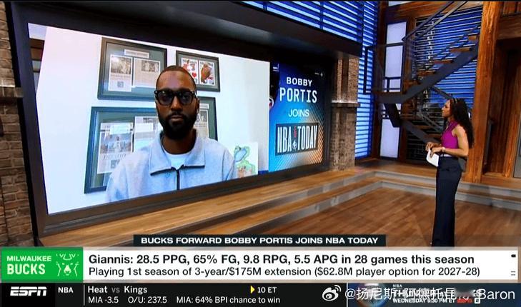 波蒂斯接受一档节目采访，谈到了字母哥的离队流言：“他正过好每一天……依然在争取胜