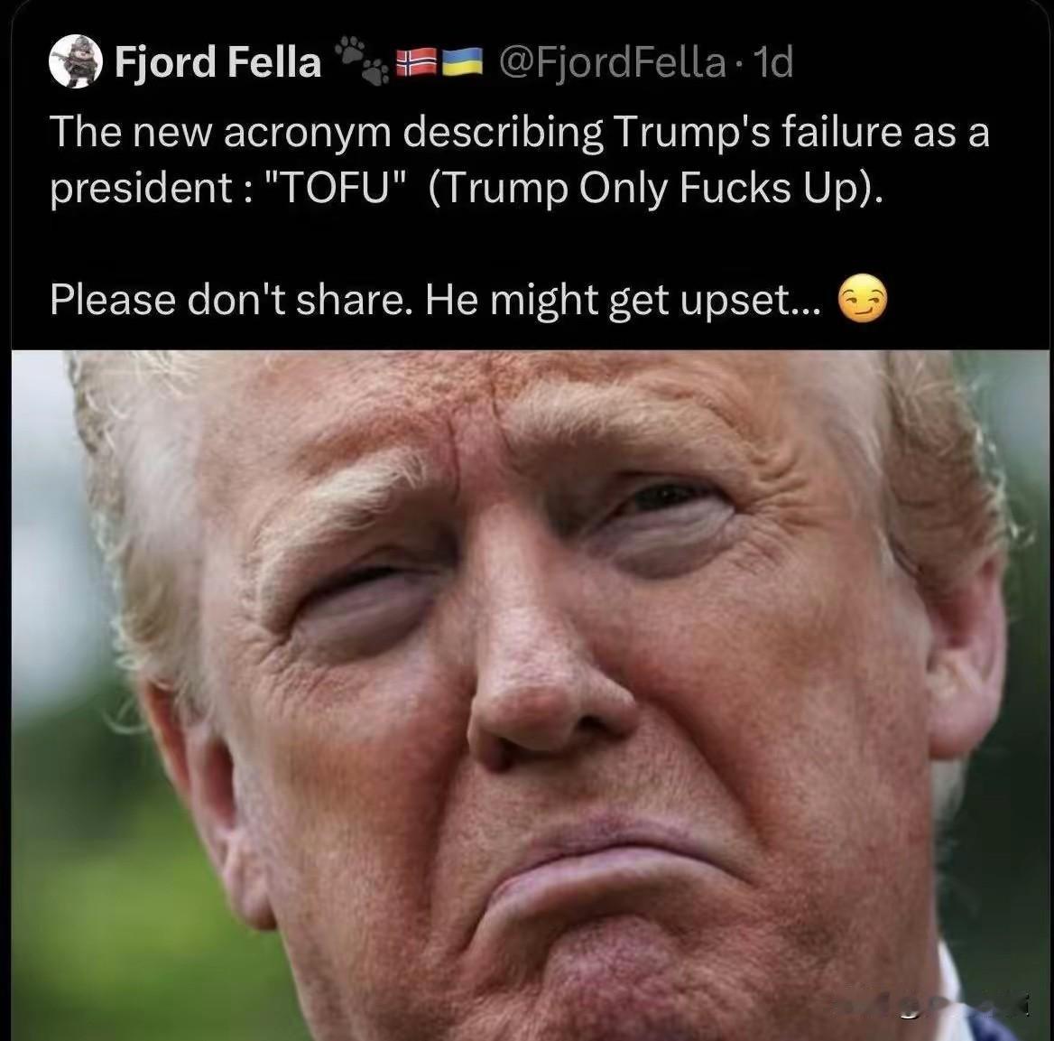 特朗普有了个新外号，叫TOFU（豆腐）。

现在外界给特朗普起了新称呼，直接用英