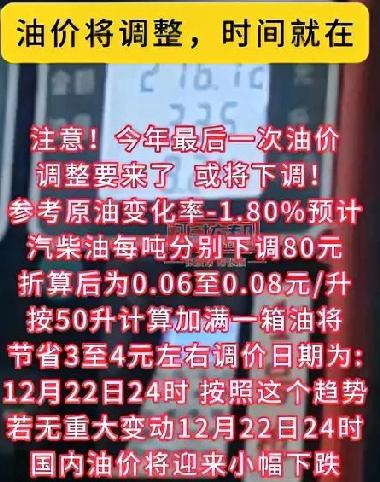 12月22日24时，油价又要调整啦！今年最后一次调价窗口马上就要到点了，这次车主