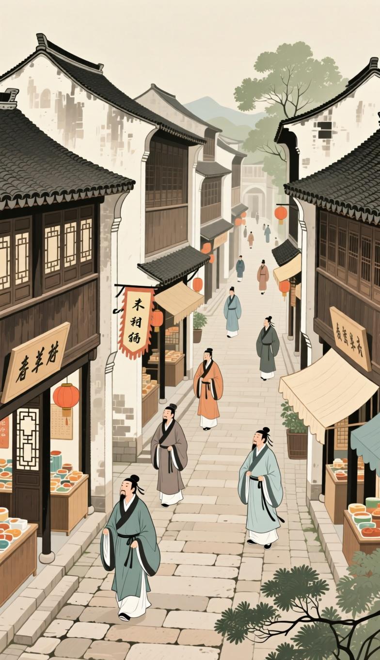 晚明的江南城市，商贸兴盛，市井热闹。商铺鳞次栉比，游船往来不绝，一派繁华景象。不
