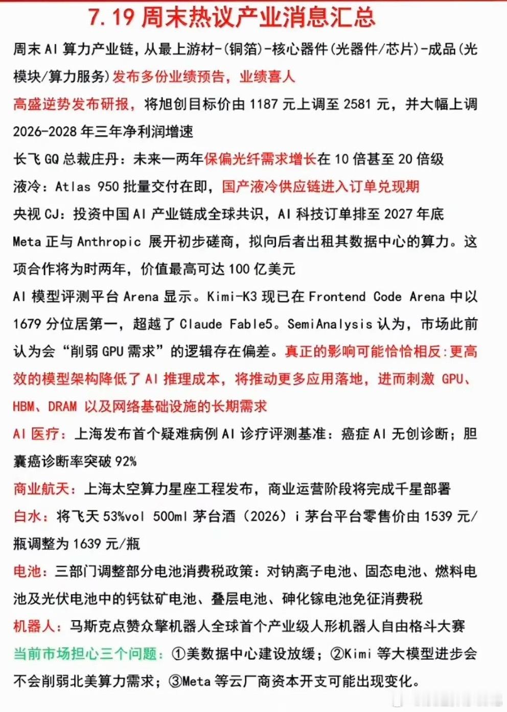7.20周一  周末：财经热点+信息参考！1.太空算力2.保偏光纤3.白酒龙头涨