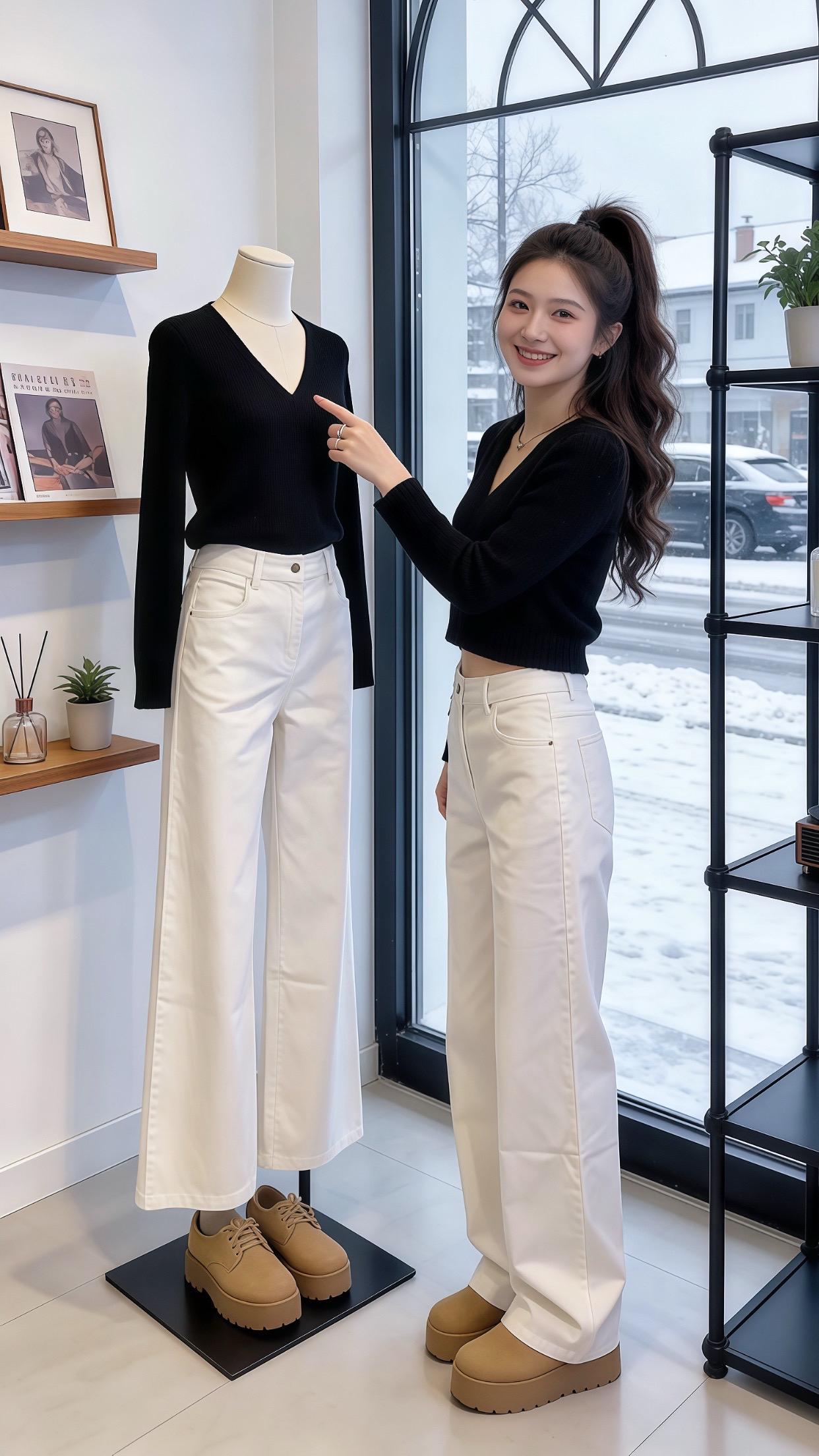 高腰设计瞬间拉高腰线，直筒阔腿版型包容各种腿型，轻松藏肉显腿直。内里加...