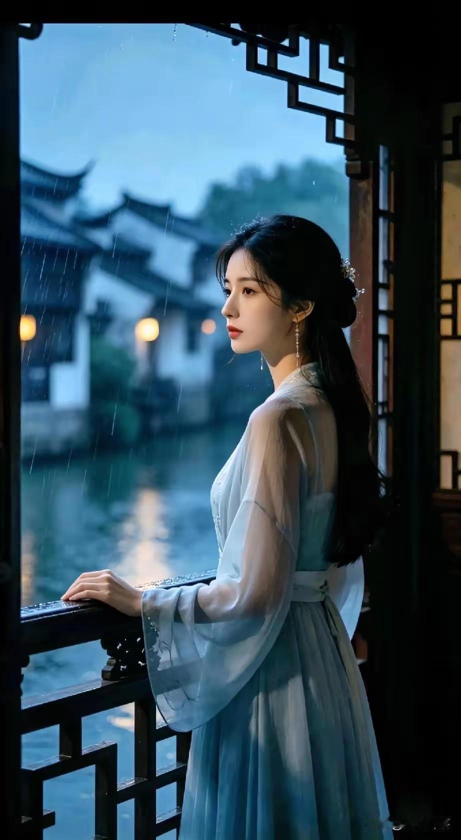 雨中江南，古典女子倚栏远眺，唯美意境