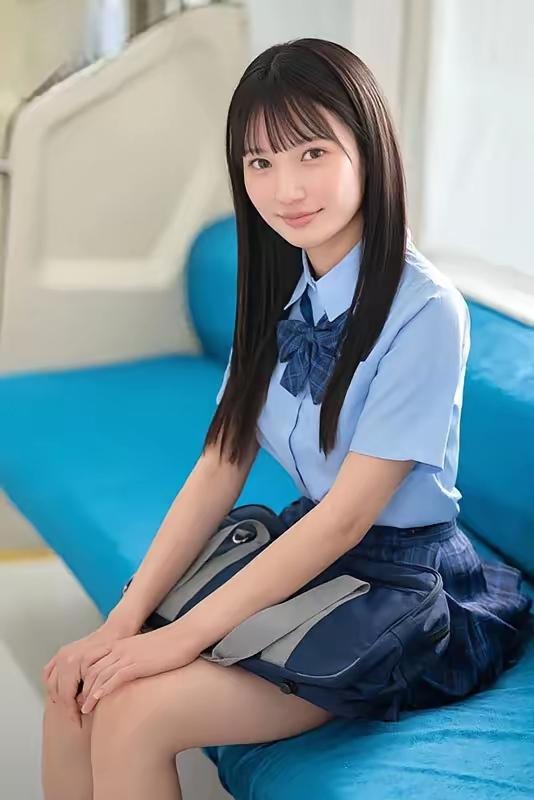 制服领角的蓝格结，被窗风轻轻勾了下。书包带搭在膝头，连指尖蜷起的弧度都裹着清甜—