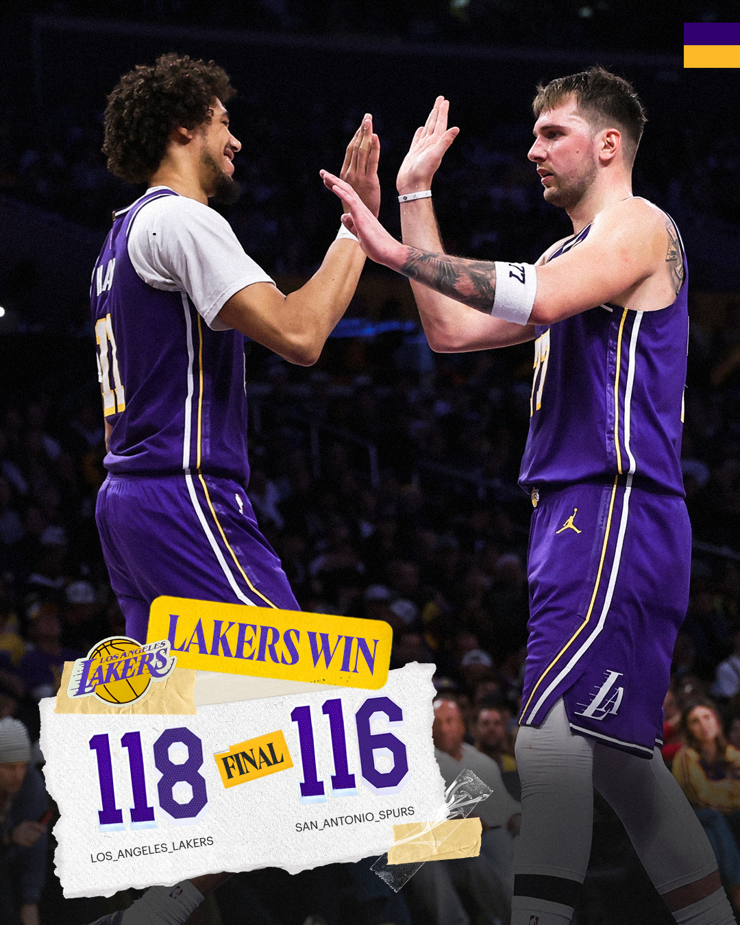 ✅ 湖人战胜马刺 战胜裁判 正义必胜✅ 湖人豪取五连胜 升至西部第二✅ 东契奇领