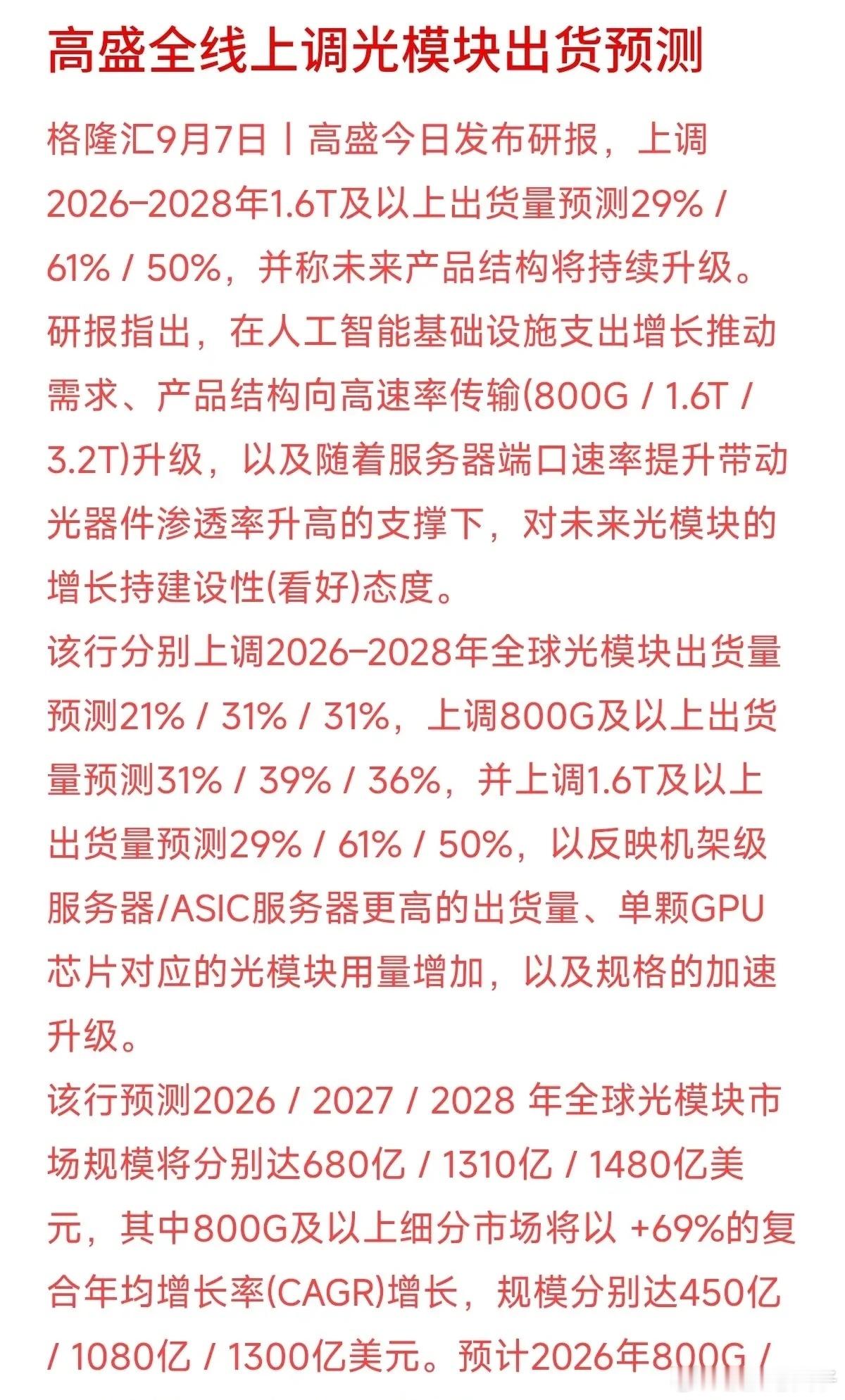高盛最新发布研报，全线上调了2026到2028年全球光模块的出货预测，其中1.6