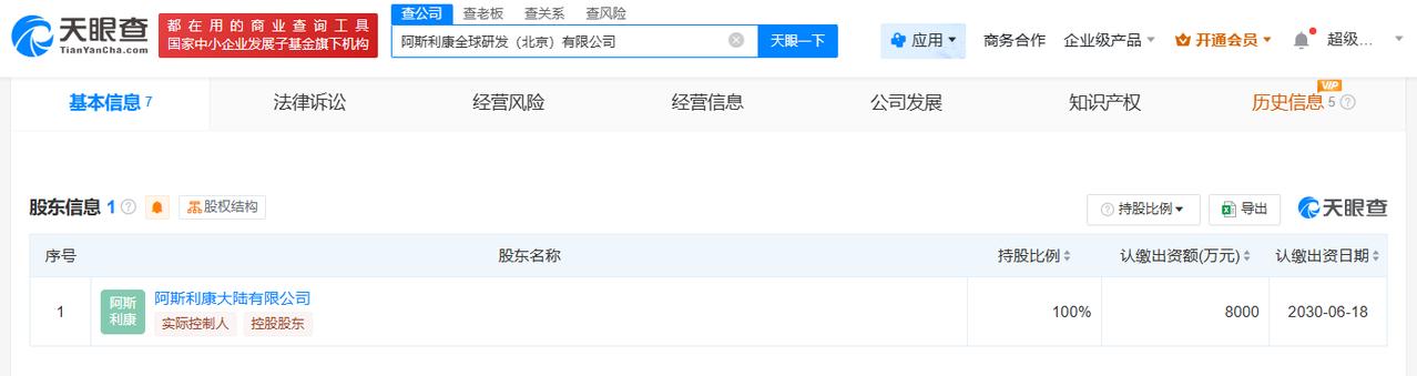 注册资本8000万
天眼查App显示，近日，阿斯利康全球研发（北京）有限公司成立