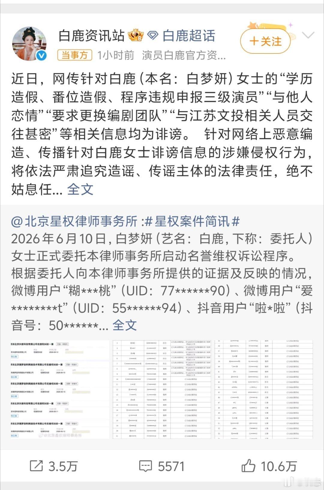 白鹿方六连辟谣白鹿工作室正式发声明，一次性澄清六大网传谣言：学历造假、番位作假、