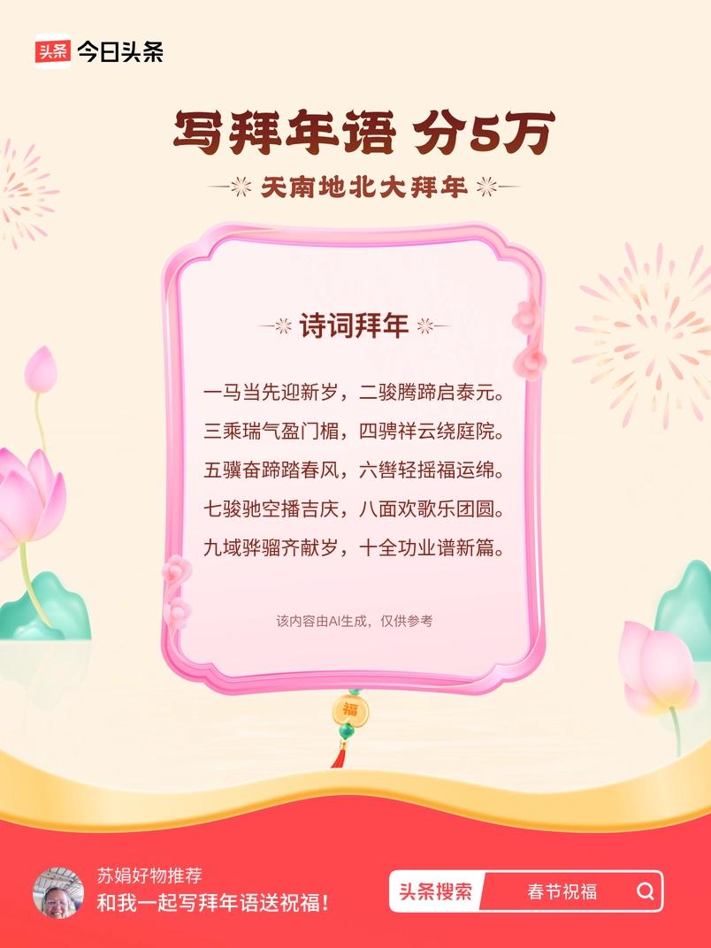 三乘瑞气盈门楣，四骋祥云绕庭院。 五骥奋蹄踏春风，六辔轻摇福运绵。 七骏驰空播吉