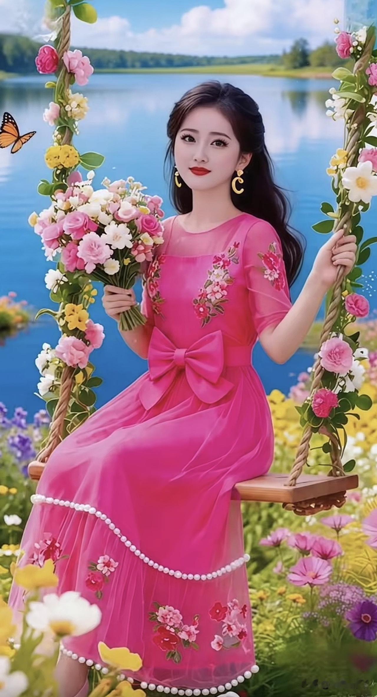 在湖畔荡秋千，粉色花裙与自然美景相映成趣🌸🌿粉裙花畔照 湖畔绿裙照 湖畔棕裙