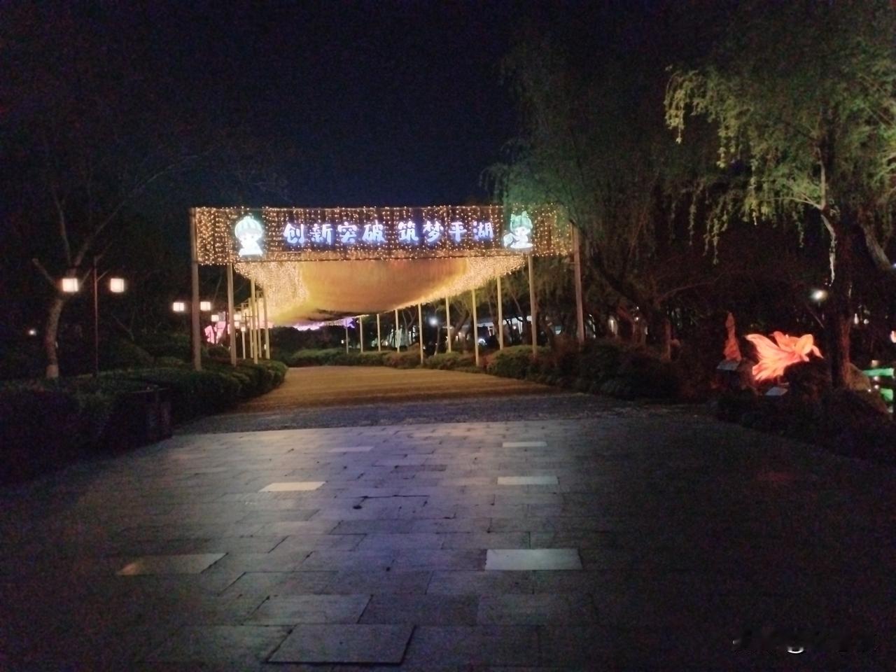 夜晚漫步在灯火辉煌的公园，感受新年的气息。