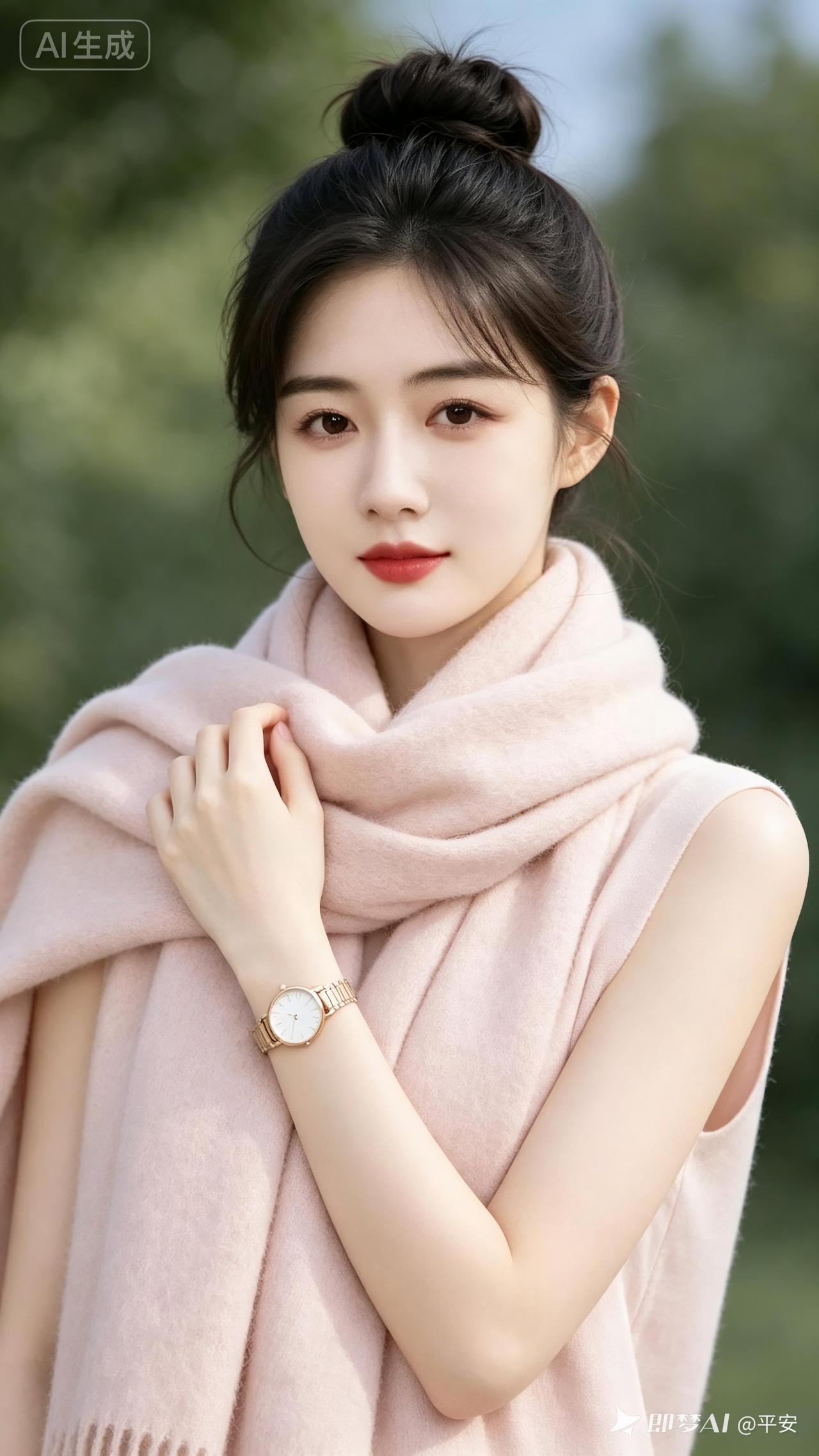 年轻女子黑发盘成丸子头，肤白衬红唇。浅粉无袖上衣搭同色厚围巾，左手轻搭围巾，腕间