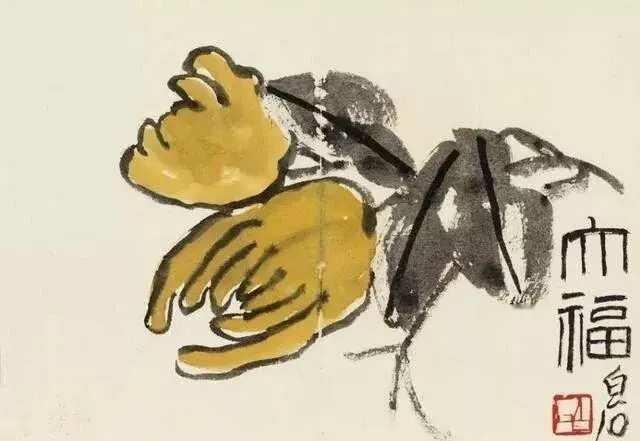 齐白石 《十全十美》册页。此册页齐白石以松动灵秀之笔墨写简笔蔬果，精到老练，融会