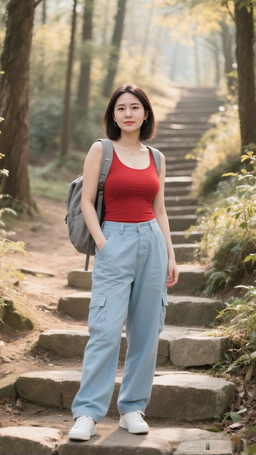 森林小径上的清新穿搭，红衣少女与自然和谐相融。