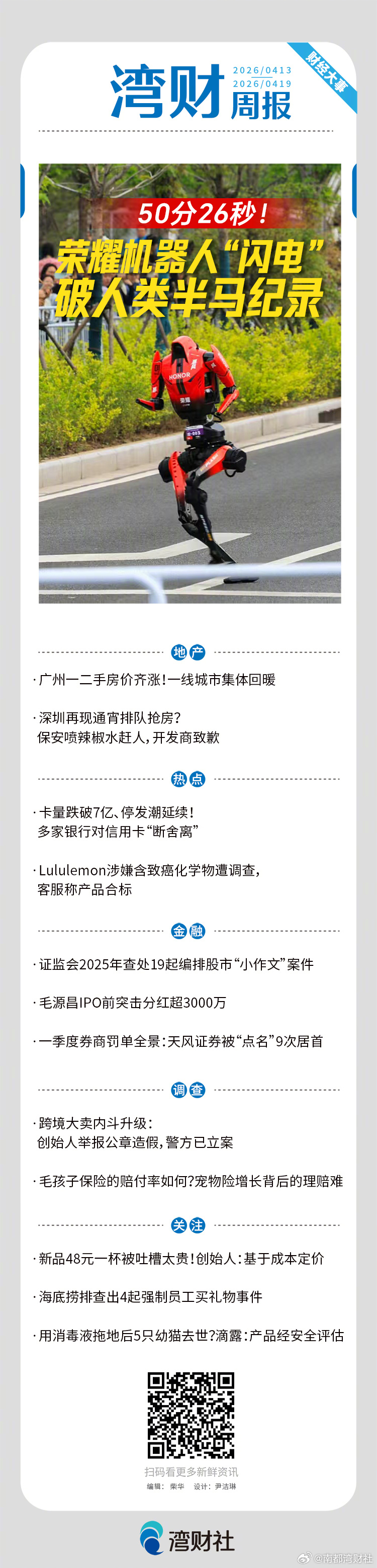 #湾财周报# 上周发生哪些财经大事值得关注，请戳↓↓ #荣耀机器人首次参赛就夺冠