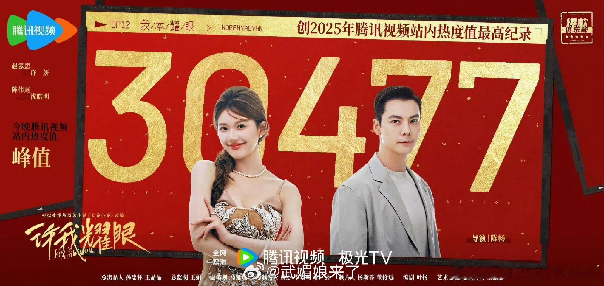 恭喜赵露思、陈伟霆主演的《许我耀眼》腾讯站内热度30477，成为2025年腾讯年