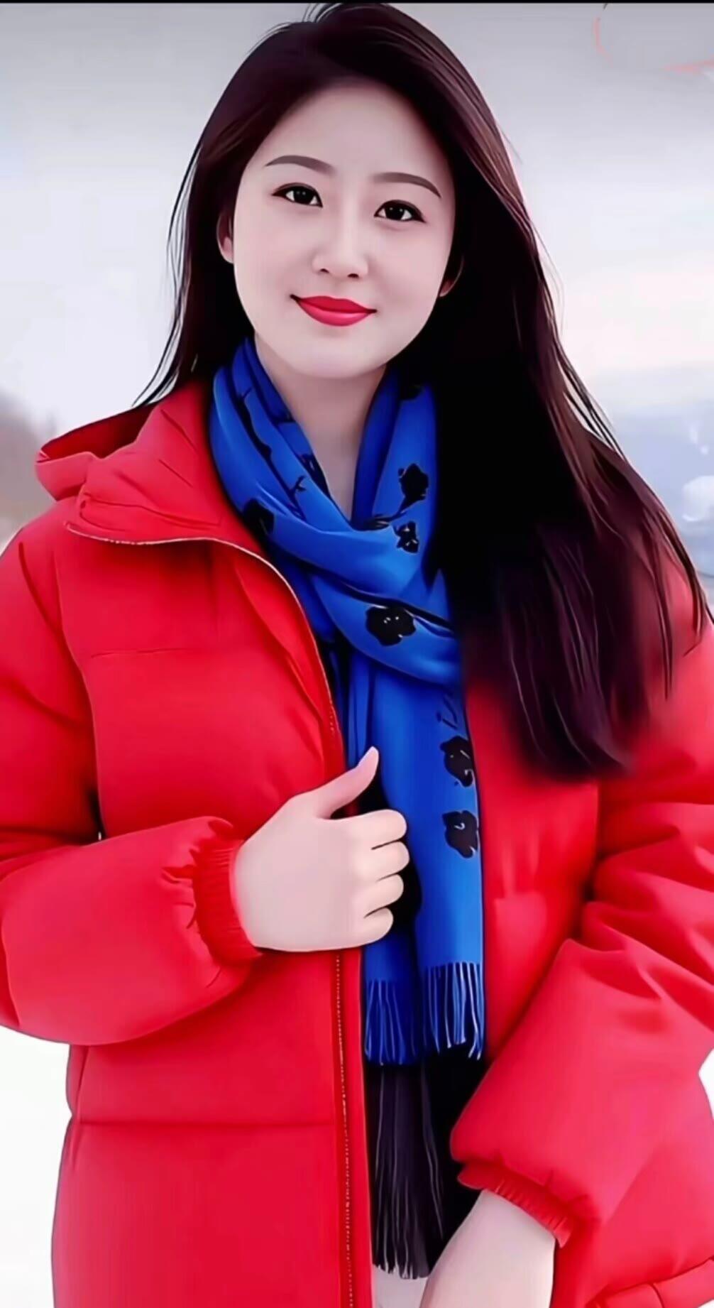 冬日暖阳下的红衣少女，蓝色围巾点缀，温暖如春。🌞💕