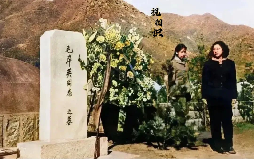 1959年，朝鲜，刘思齐在妹妹邵华的陪伴下，来到了岸英的墓碑前祭拜时的场景，画面...
