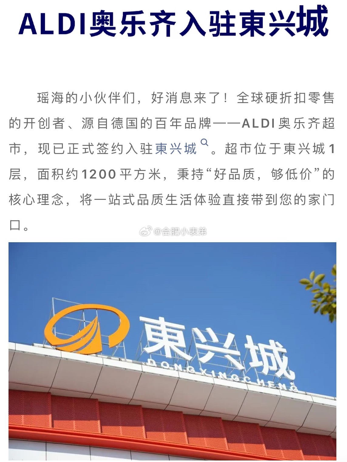合肥商业最新消息 重磅消息！德国百年平价硬折扣超市ALDI奥乐齐，正式签约瑶海東
