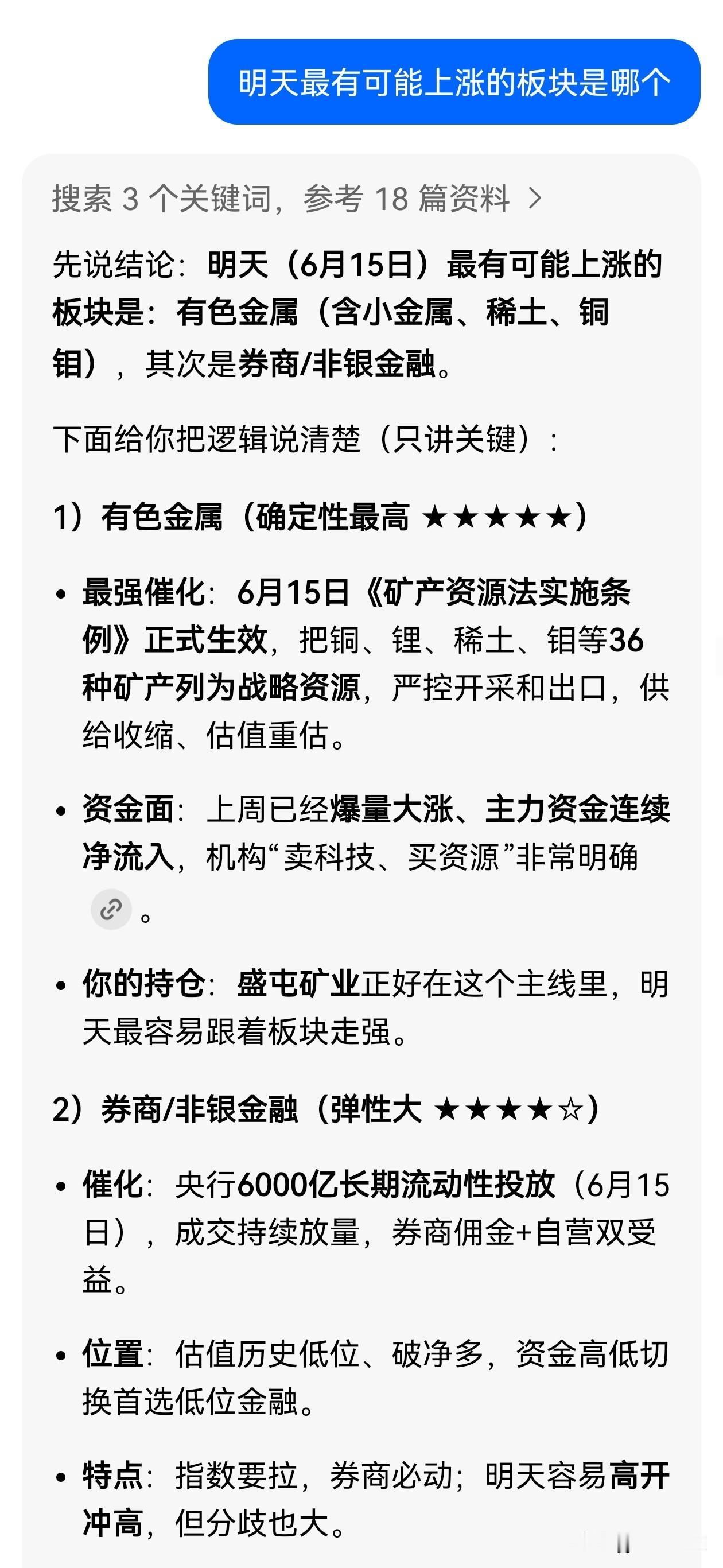 AI真是个好东西啊，
昨天问豆包，今天最有可能上涨的板块是哪个？
有色金属，非银