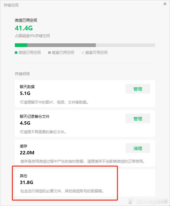 发现一个电脑版微信就占了200多个G，清理了一下。也没有登录过其他微信账号，其他