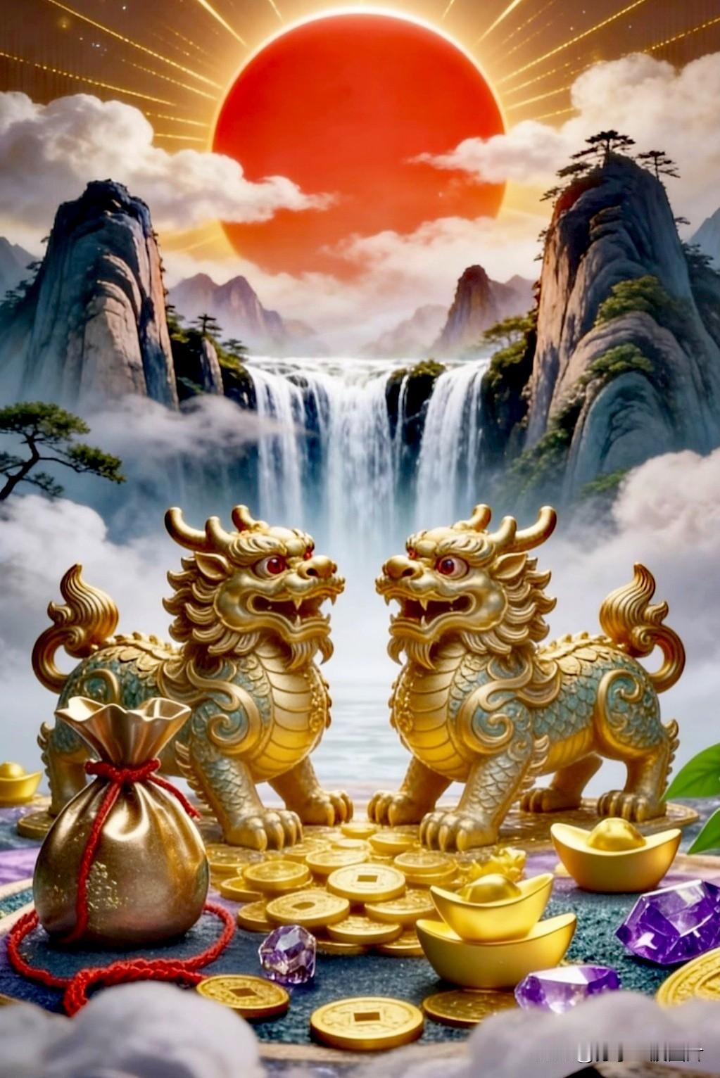 红日东升照吉宅，
双麒临门送大财。