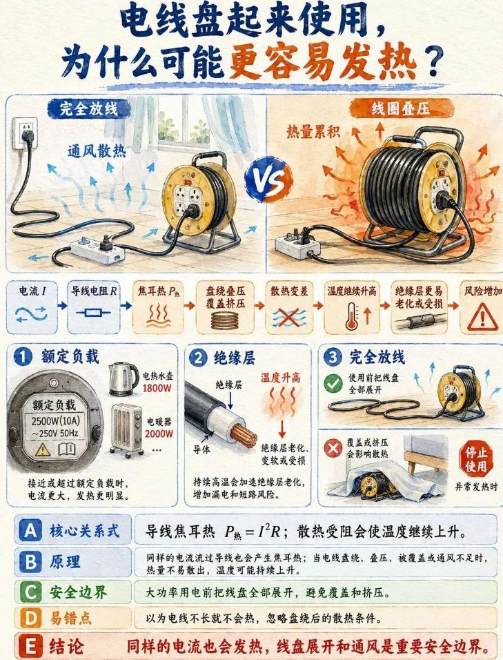 警惕“隐性火源”：盘绕的电线，您家的安全盲区！
警示原理： 导线发热（P=I²R