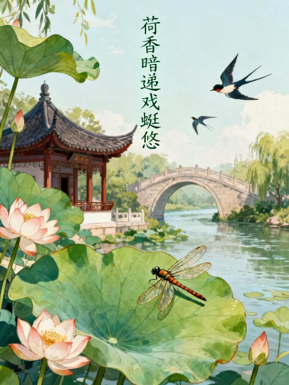 荷香暗递戏蜓悠，
绿树荫凉掩旧楼。
远步长桥寻逸处，
燕剪河水上沙洲。