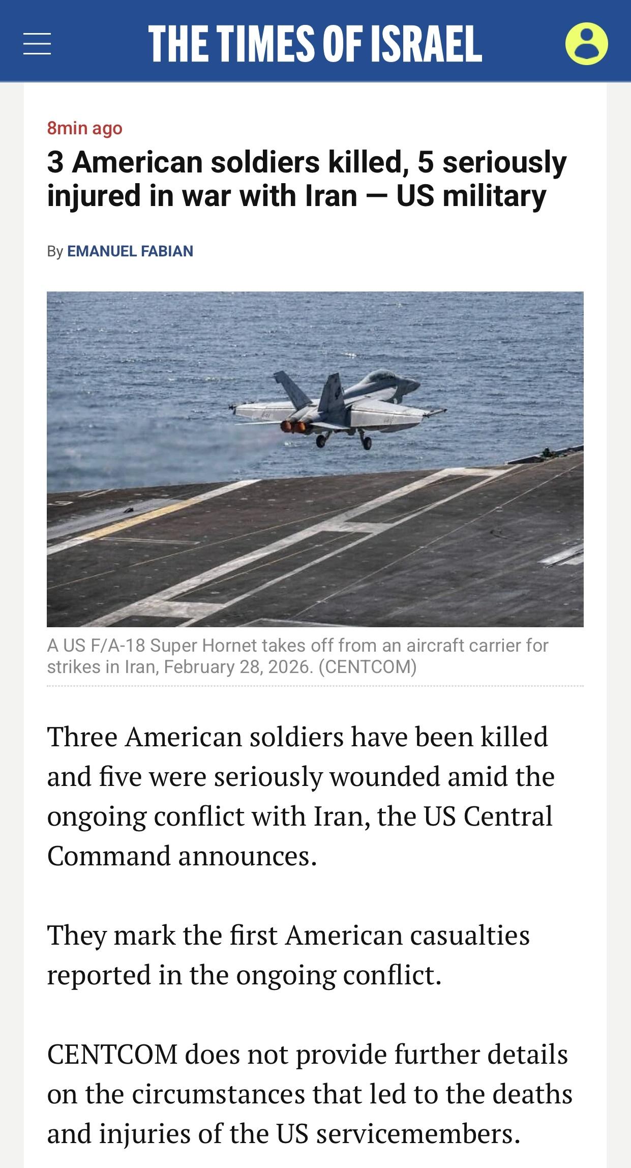 以媒：美军宣布三名美军死亡  五人受伤

以色列《以色列时报》官网3月1日报道：