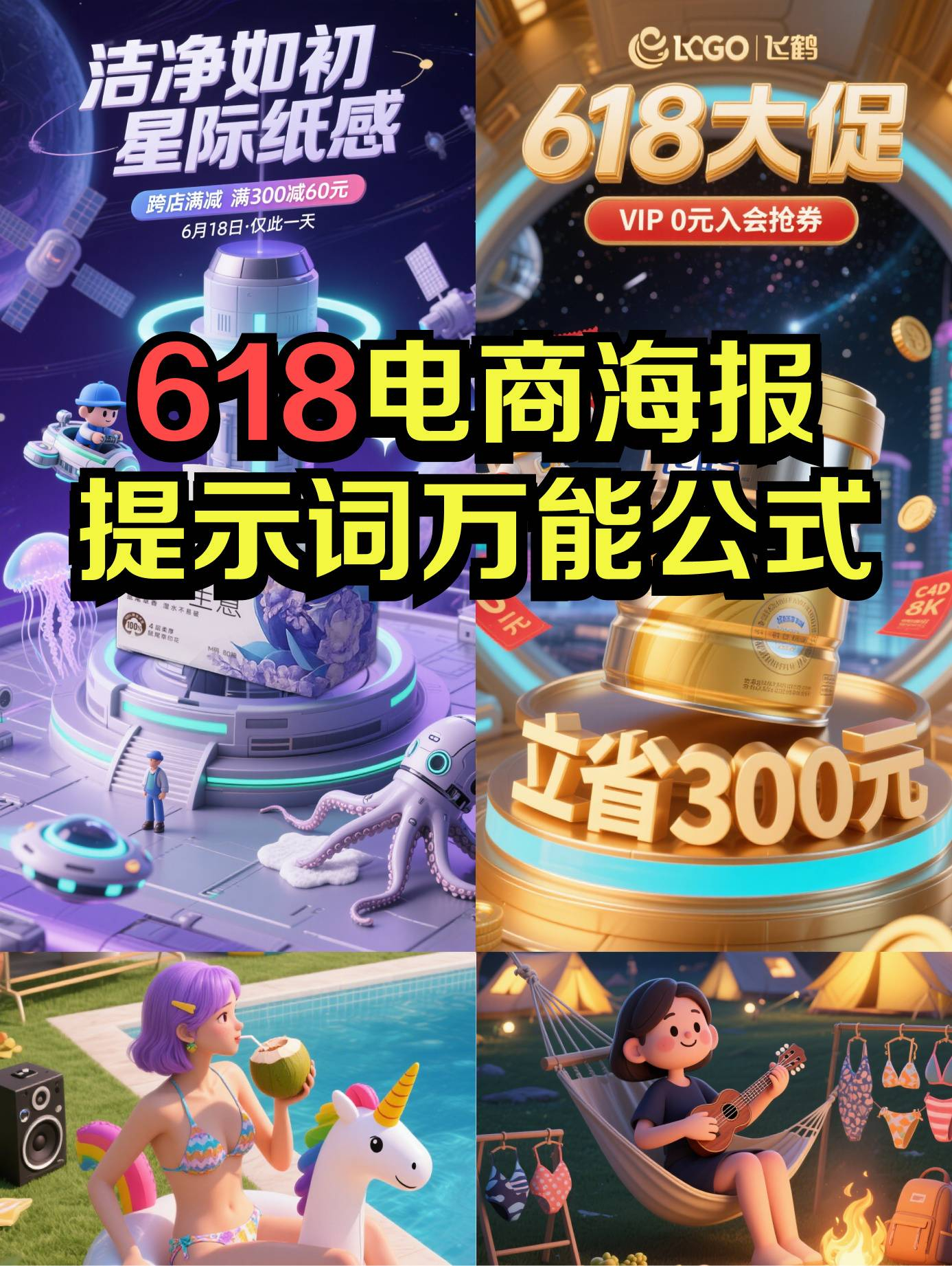 ai创造营 15套电商淘宝618促销海报设计灵感，附风格化生成提示词 ​​​
