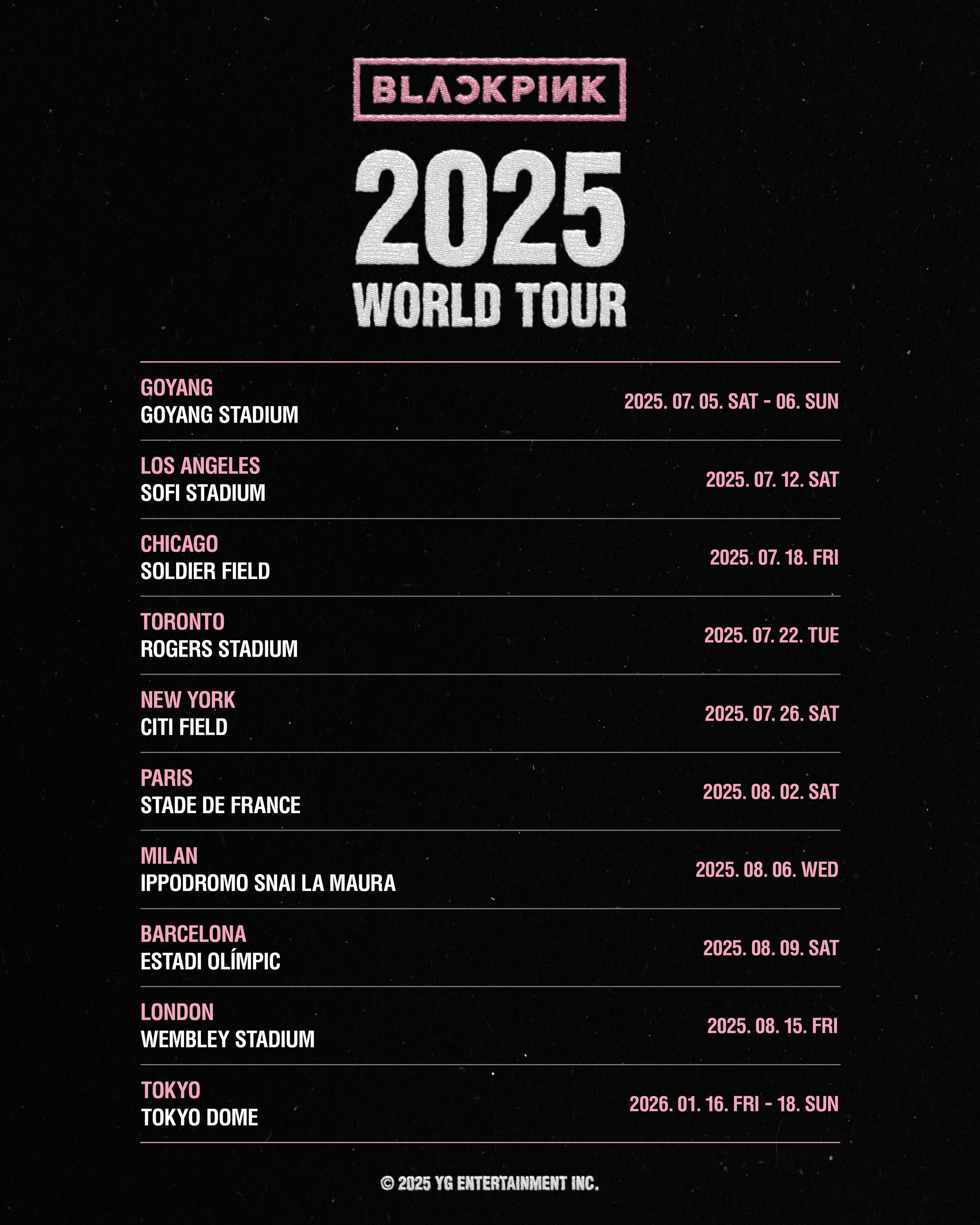 BLACKPINK 2025年世巡首轮官宣场次！ 