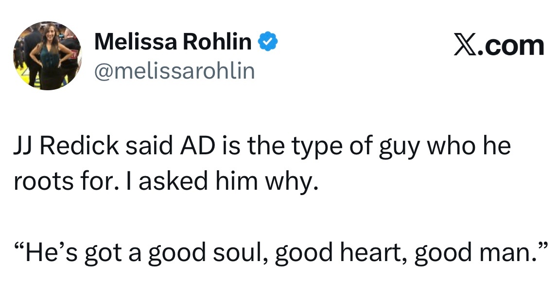 雷迪克表示，安东尼-戴维斯是他愿意支持的那种人。我问他原因。“他是三好男人！人品