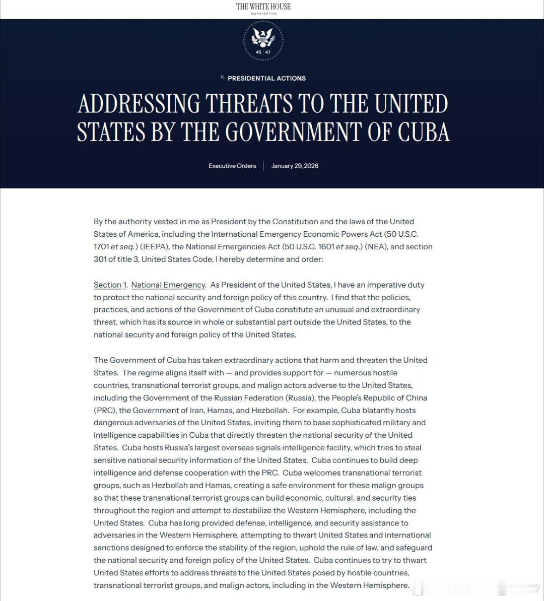 最新消息：特朗普签署行政命令，宣布古巴问题进入“国家紧急状态”，并威胁对向古巴供