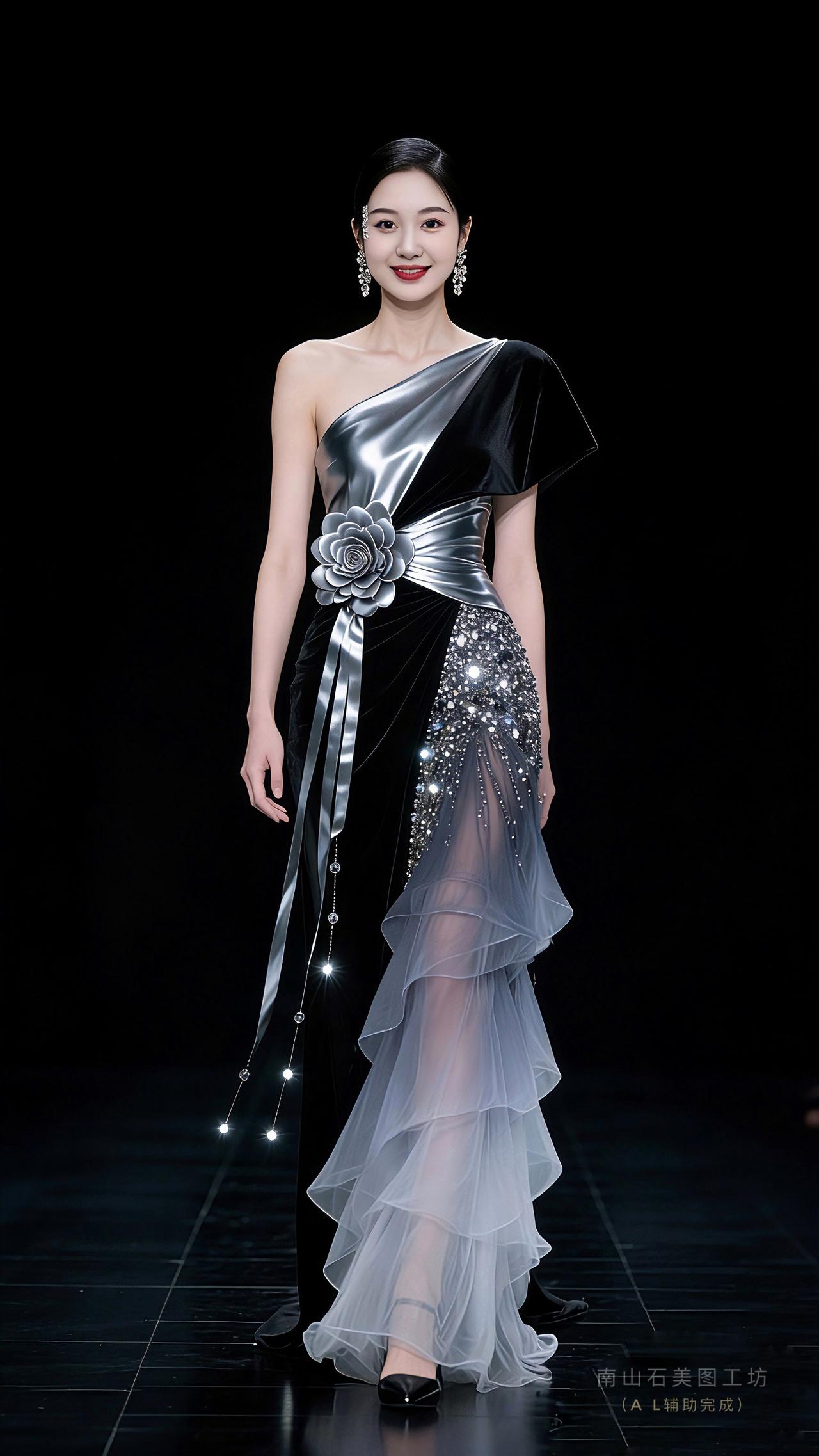 单肩礼裙黑银交织，立体繁花点睛，亮片薄纱曳成星河。耳钻闪耀，红唇漾笑，她在墨色中
