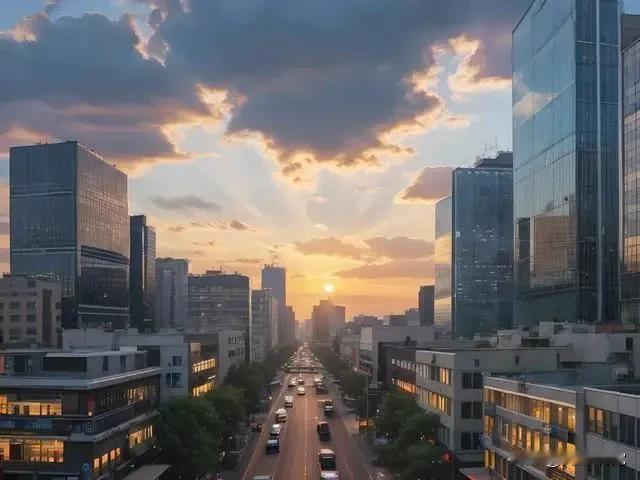 霞光万丈照城市，璀璨辉煌映天际。笑容，拉开一天的序幕；快乐，迎来灿烂的日出；问候