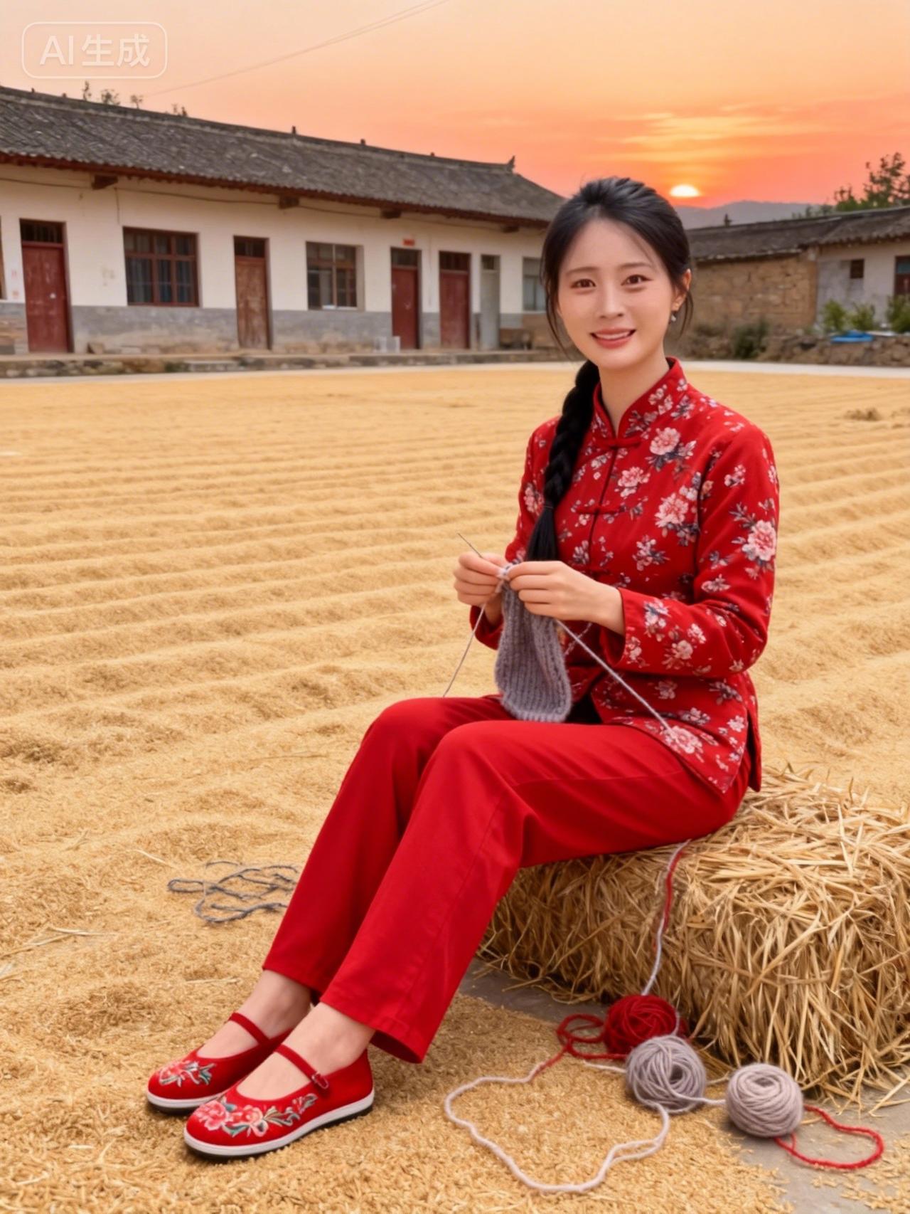 红衣美人坐，针线织锦绣。