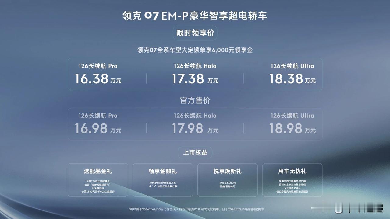 5月17日晚，豪华智享超电轿车领克07EM-P 正式上市，限时领享价16.38万