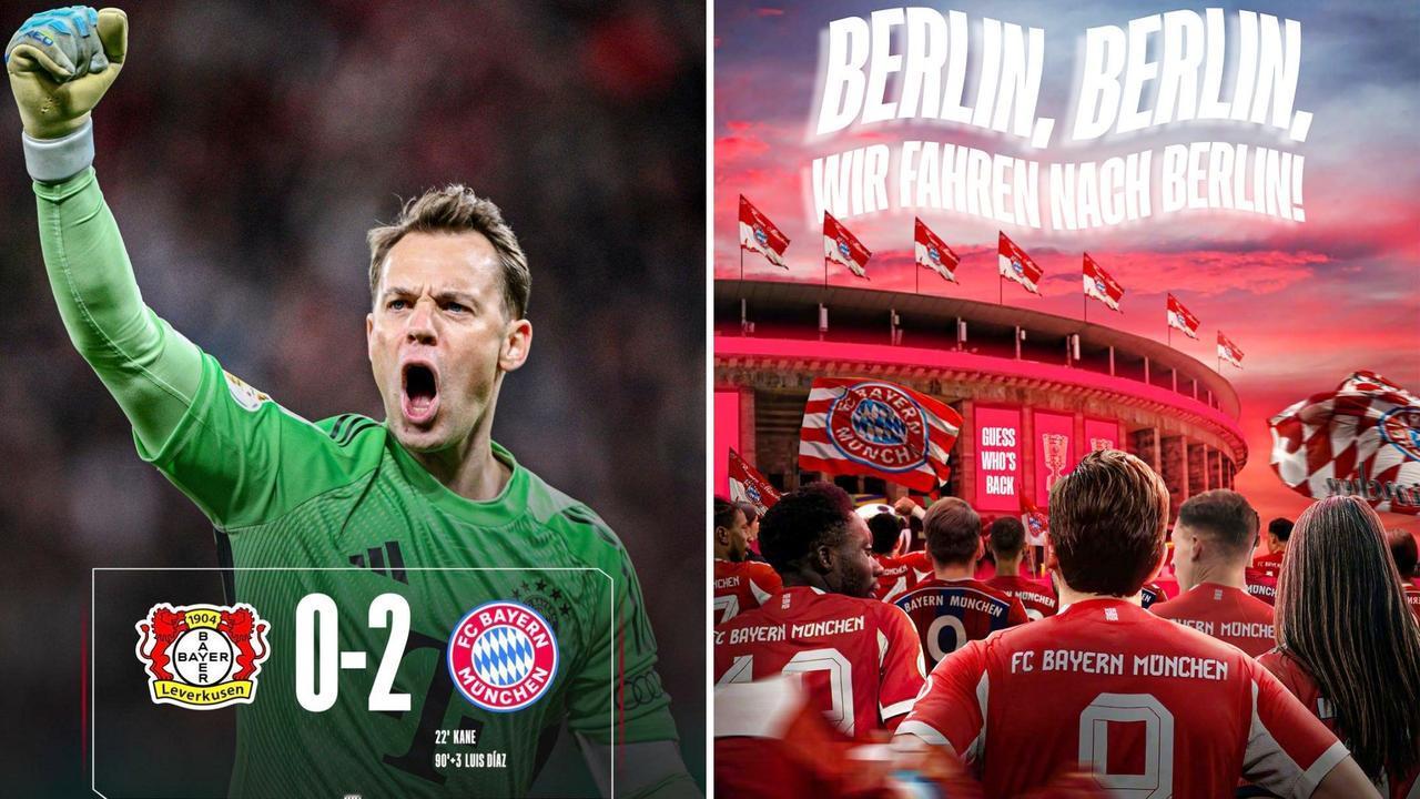 德国杯：拜仁慕尼黑2-0击败勒沃库森，顺利闯入决赛。
凯恩与迪亚斯相继破门，穆西