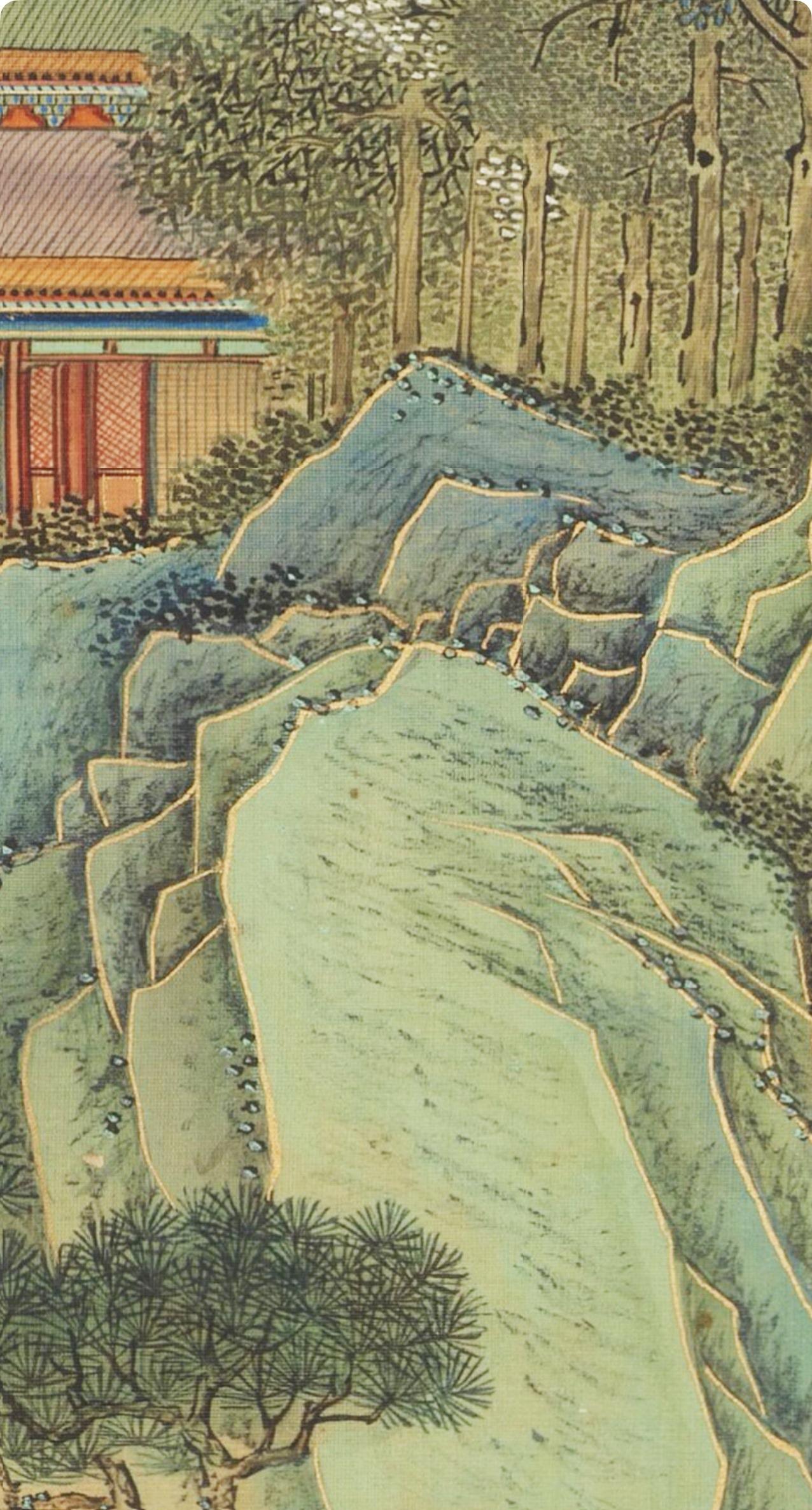 在中国画中有一种叫金碧山水，所谓金碧山水实际上就是青绿山水+泥金勾勒，以石青、石