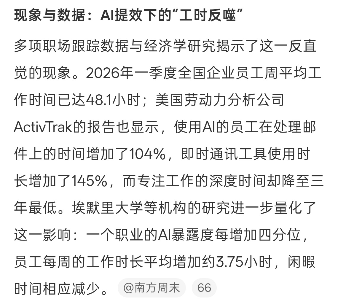 用上AI后工作时间反而更长了道理很简单因为工作是做不完的，有了AI效率虽然高了，