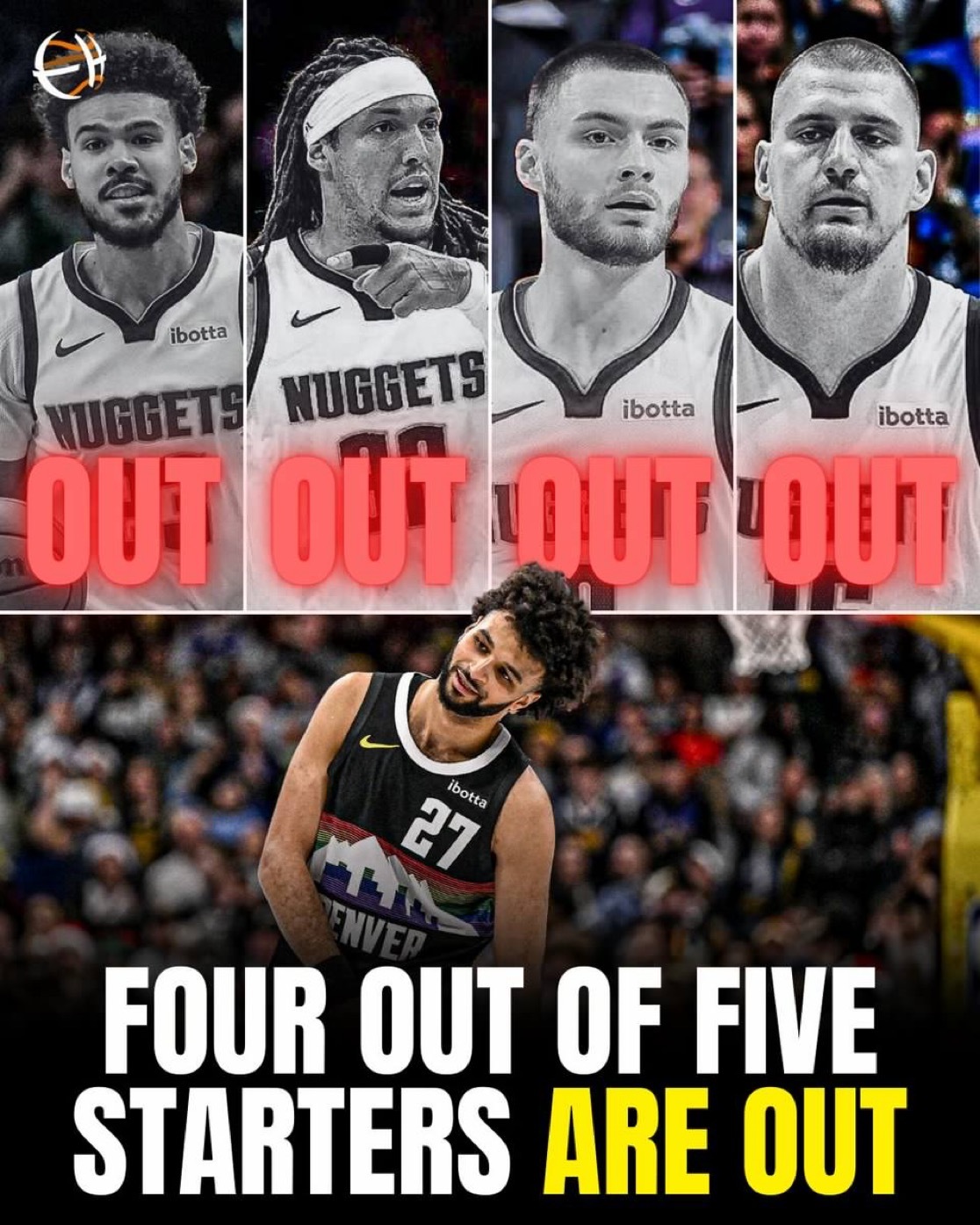 尼古拉·乔基奇受伤后，贾马尔·默里是掘金队唯一健康的首发球员！约基奇受伤