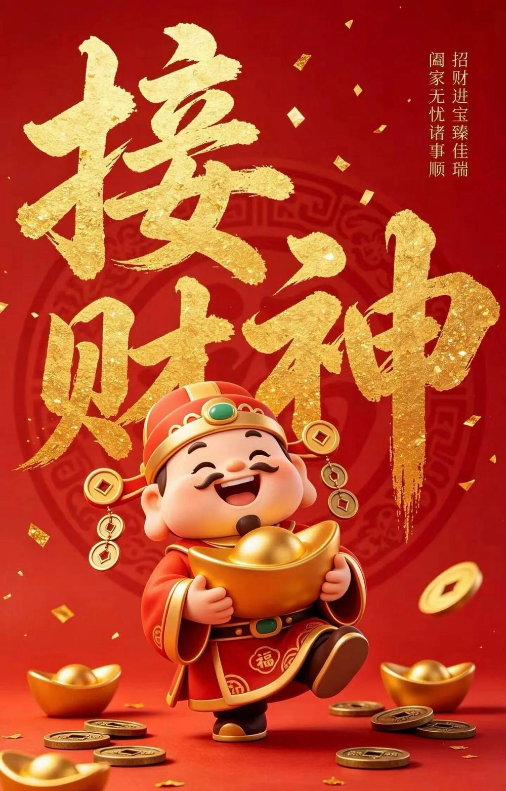 今日财神驾到，愿财源滚滚入家门，金银满仓，财运亨通。日子富足顺遂，万事皆得好运，