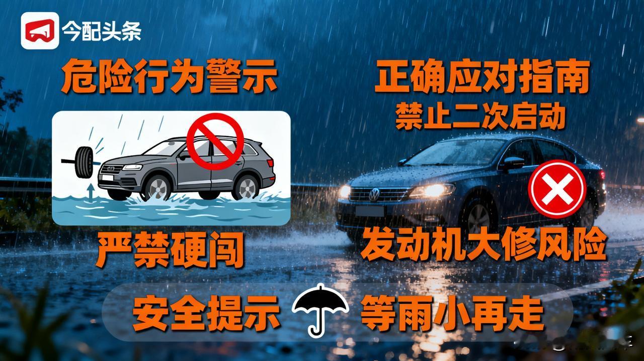 暴雨开车，保命技巧

水深超轮胎一半，千万别硬闯！万一熄火，严禁二次启动，否则发