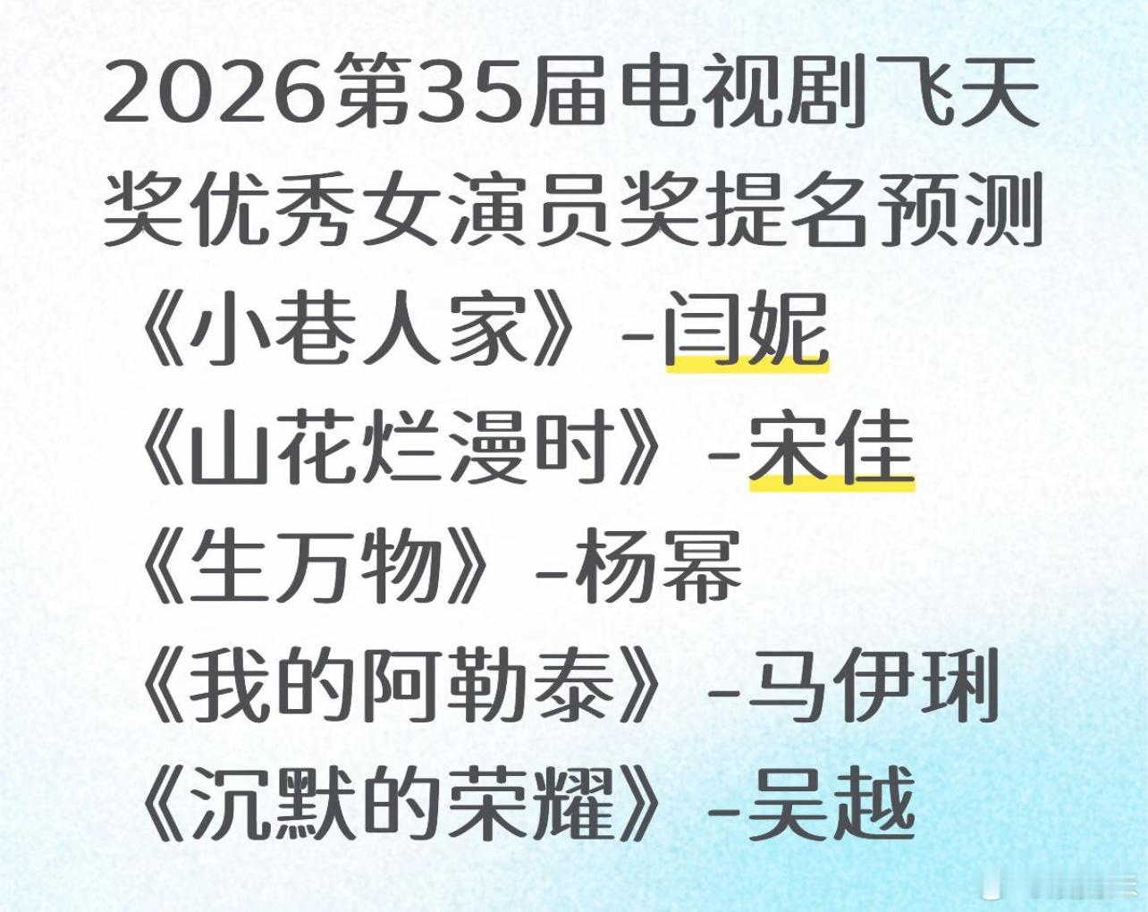 这届飞天奖基本就是宋佳了她就差飞天了，那个题材感觉100% 