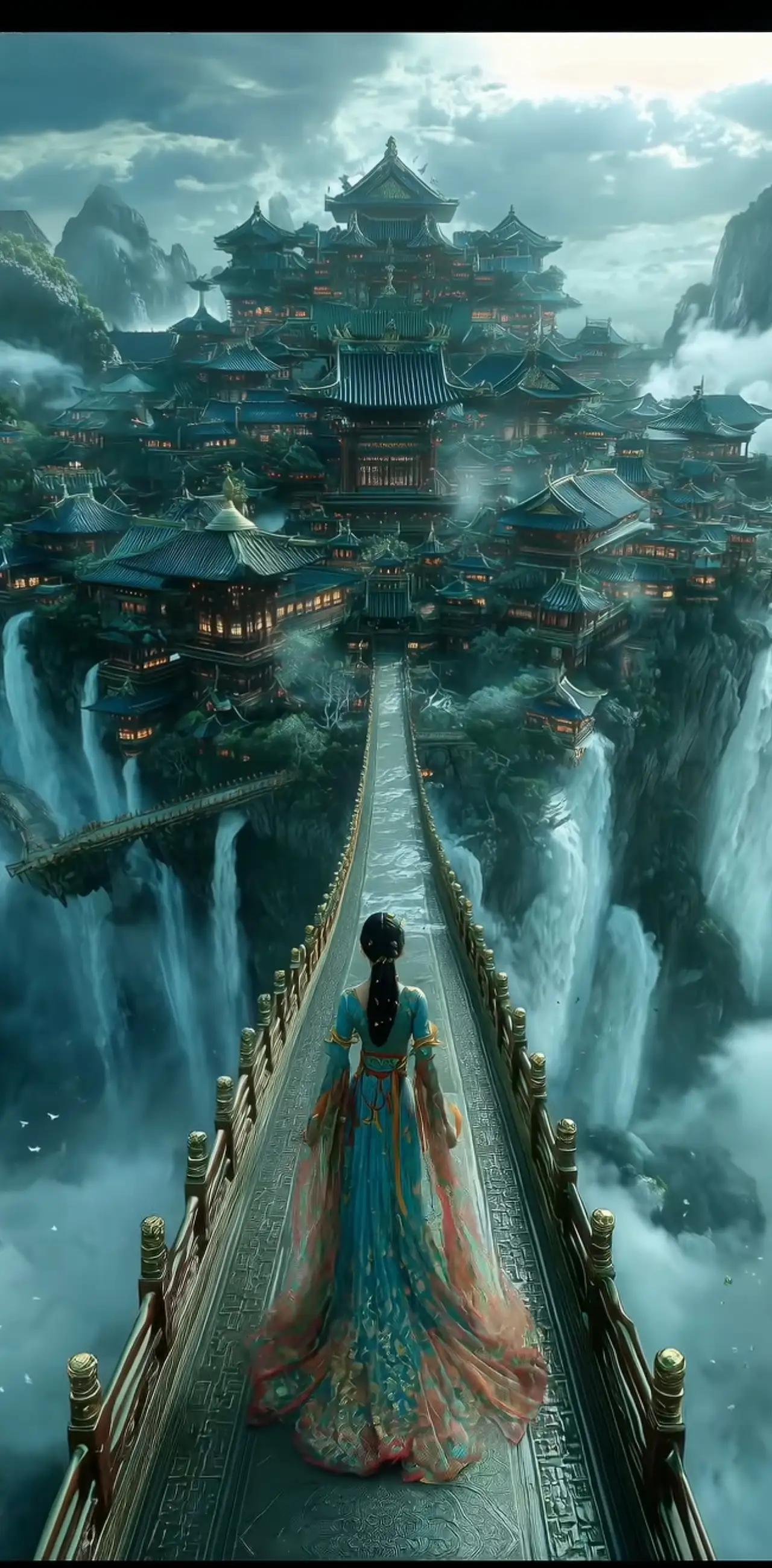 山景楼阁间，云雾缭绕处。