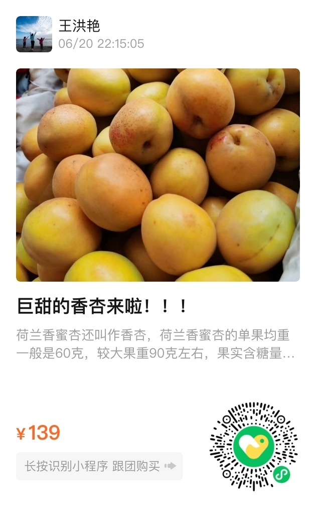 这个荷兰香蜜杏也是咱们米友家自己园子的，刚刚下来，我尝了，确实很好吃，一点都不酸