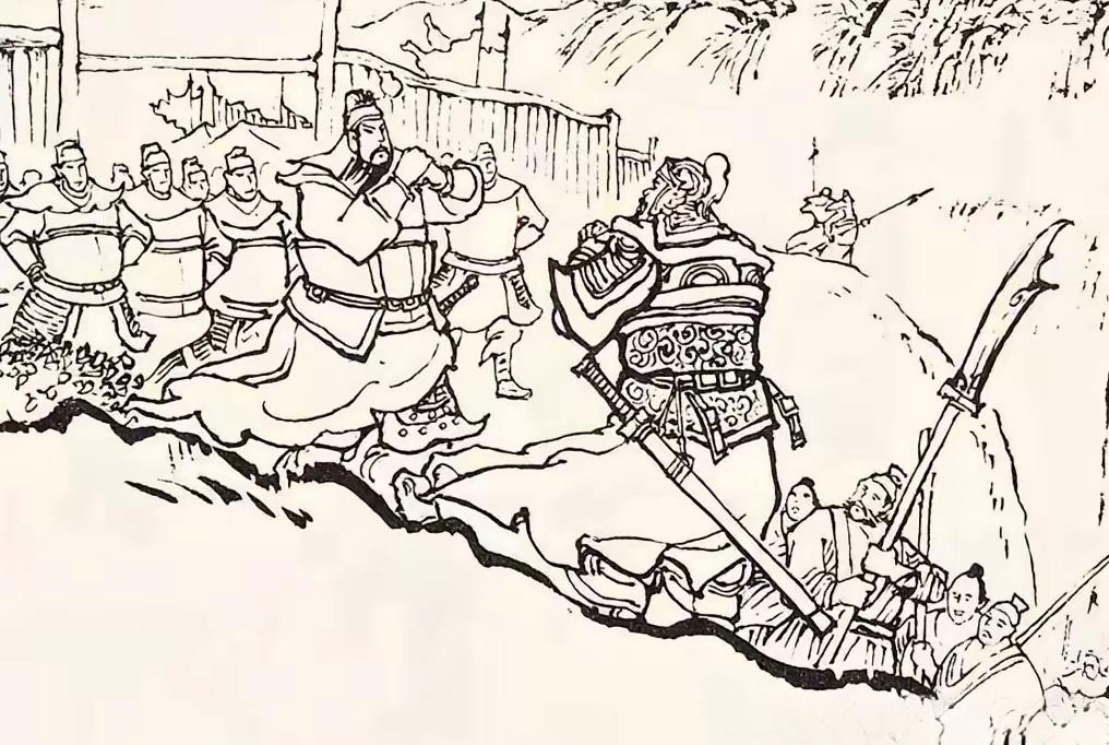 关云长接受投名状。辕门外，一将带领众人扛着大刀提着包袱前来见关公，拱手...