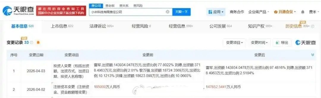 【两位小米联合创始人退出小米科技】小米科技有限责任公司发生工商变更，原股东小米联