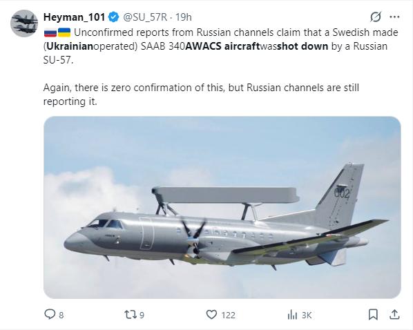 苏-57“首开记录”击落瑞典预警机？这事儿真的假的？
 
乌克兰空军的“千里眼”